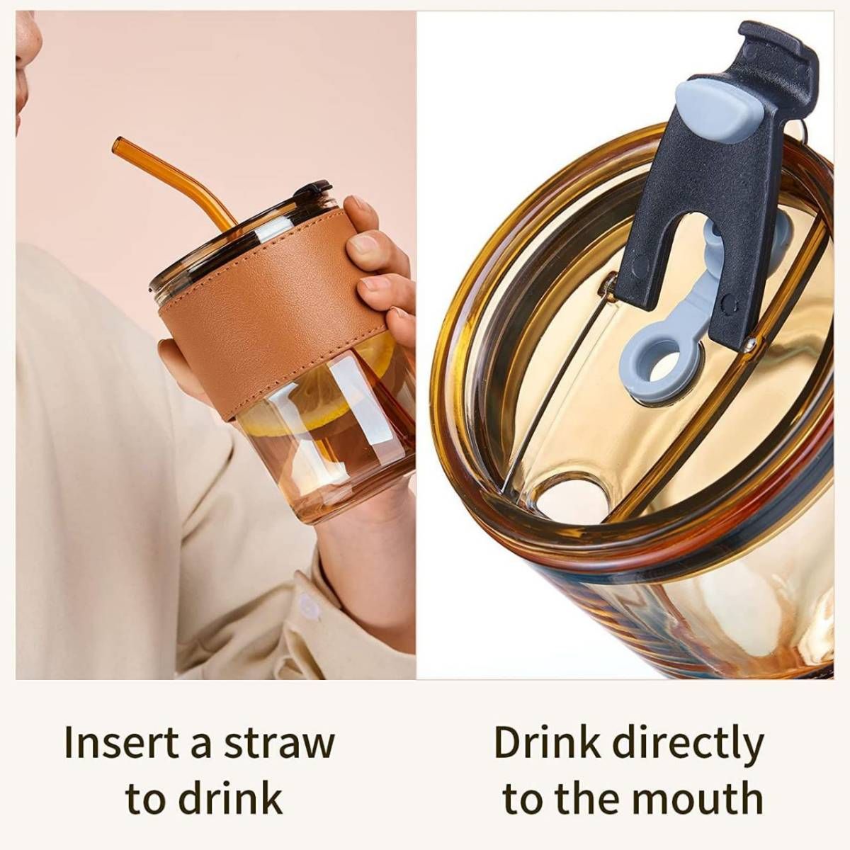 Glass Mason Jar with Heat Resistance Leather Grip Leakproof Lid & Straw (450 ml) image 2